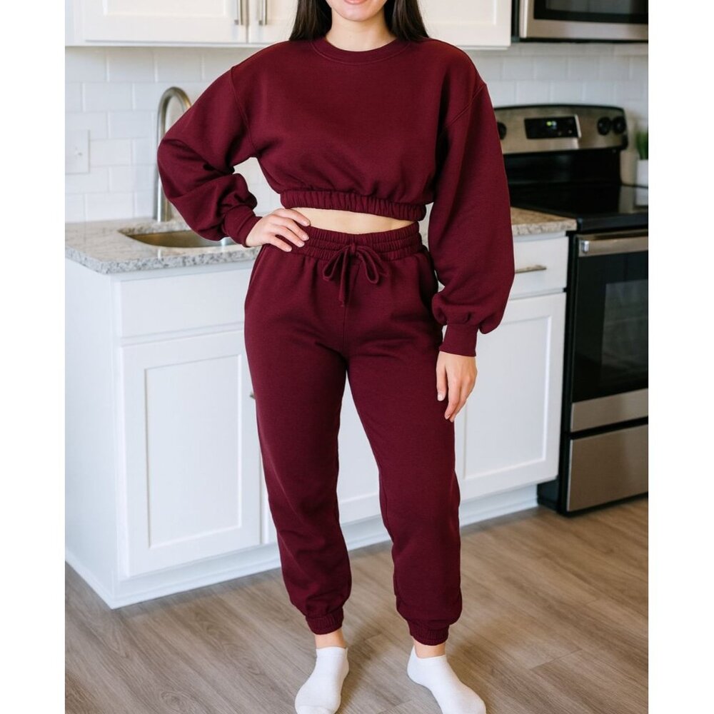 Zenana 2 Pcs Crop Sweatshirt Tracksuit High Waist Jogger Set Active Burgundy - Picture 10 of 10